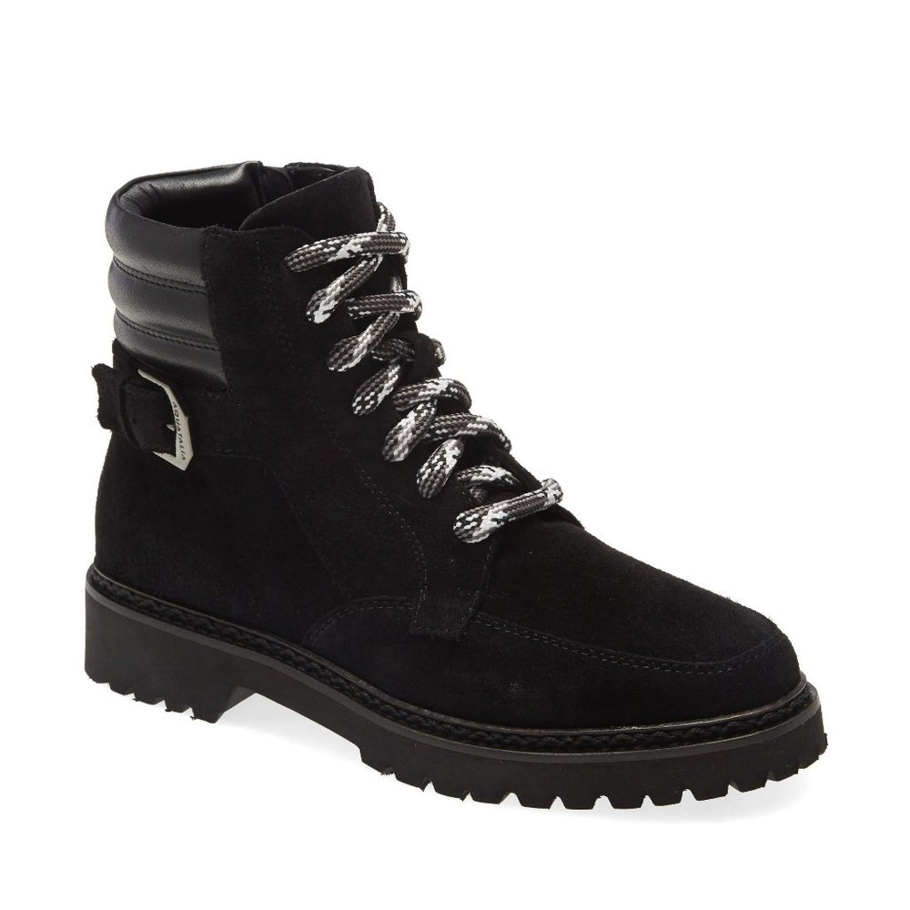 $400 AQUATALIA MAYRA WEATHERPROOF LACE-UP BOOT MOTO BIKER  BLACK suede 7.5 (ME4)